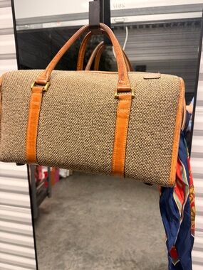 Vintage Hartmann Woven Beige Travel Duffle with Tan Leather Trim